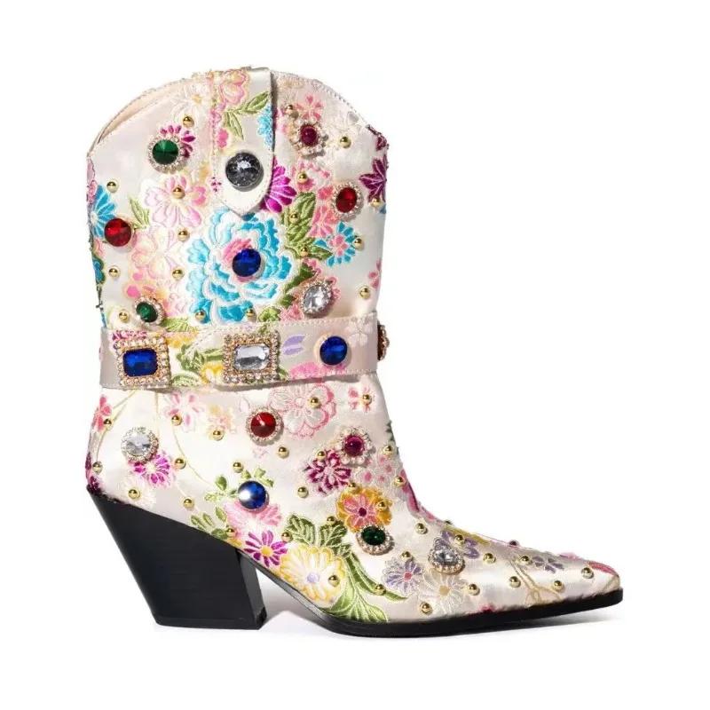 Fashion Brand Woven Brocade Embroidery Rhinestone Rivet Short Boots  New Fashion Show Pointed Slope Heel Chelsea Women's Boots Size 43
