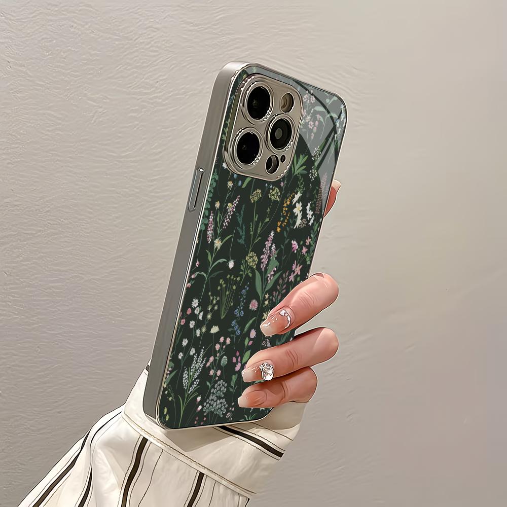 Green floral plant silver plated glass phone case suitable for iPhone 17 16 15 14 13 12 11 Pro/Max/Plus scratch resistant