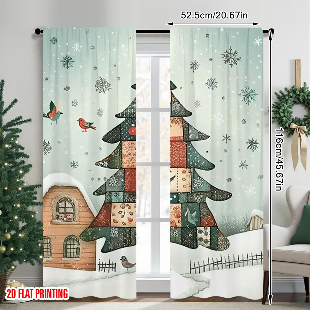 2pcs 2D Flat Printing Merry Christmas Party Curtains Christmas Trees7 100% Polyester Without Electricity Party Decorations Use