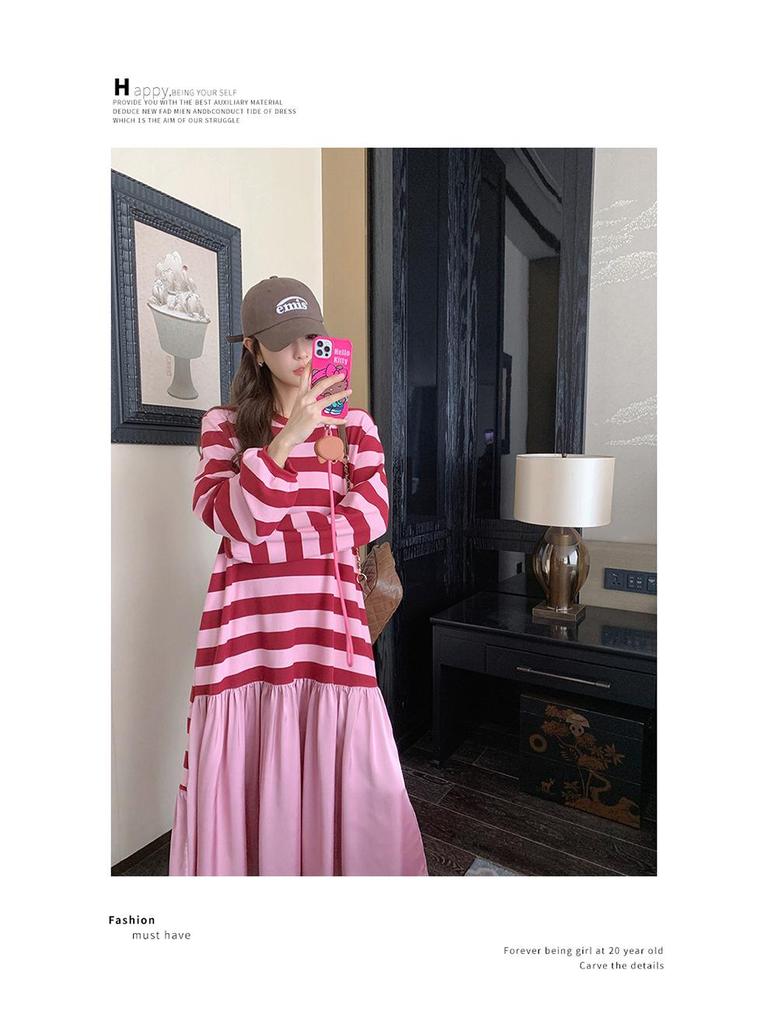 Pink Striped Patchwork Maternity Sweatshirt Dress – Mid-Length 2024 Autumn Retro Loose College Style