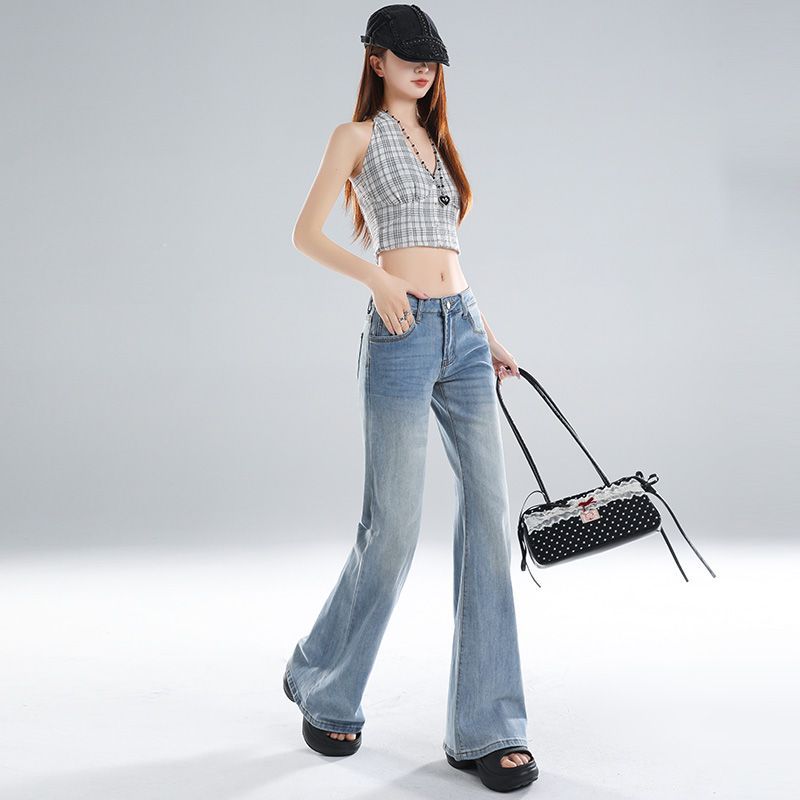 Spring Summer Ice Blue Low Waist Y2K Slim Micro Flare Trendy Denim Pants For Fashion Ladies Casual Pants Oversize Denim Trousers