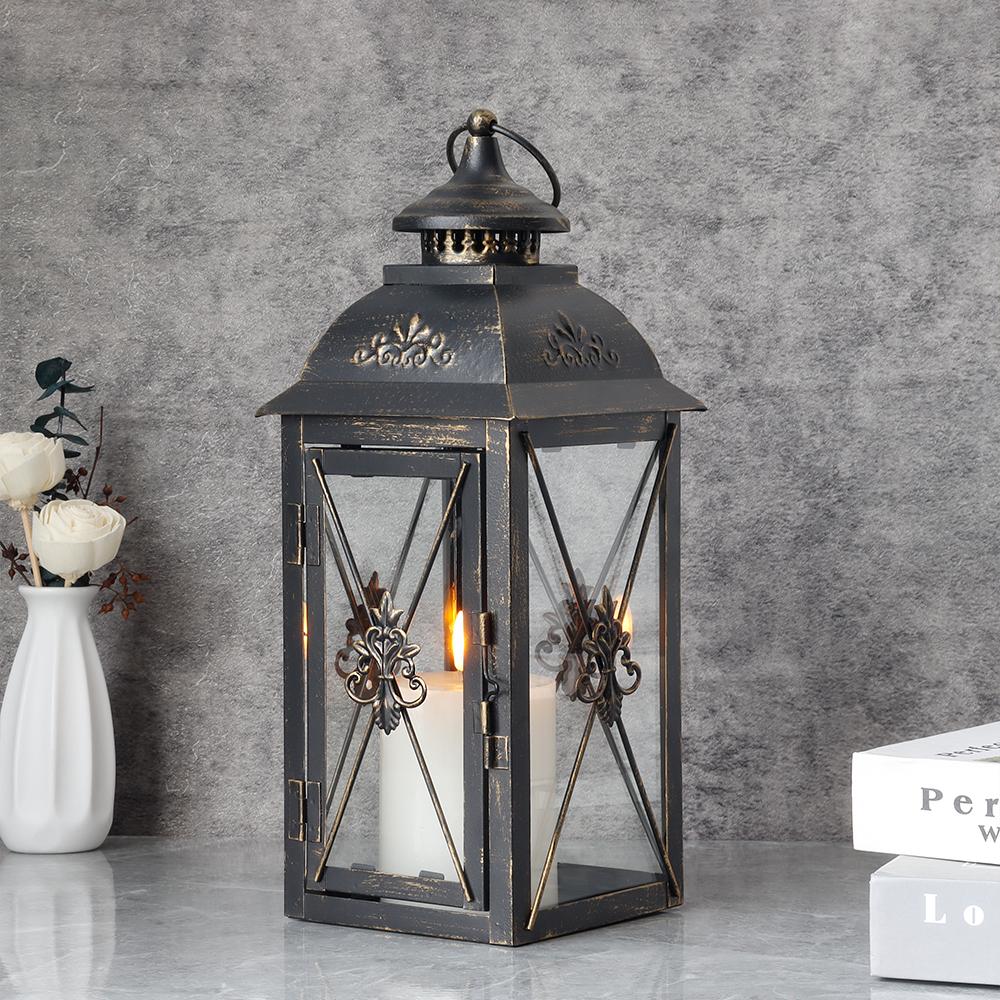 Vintage Black Metal Lantern with Hanging Top Candle Lantern for Home Wedding Decor