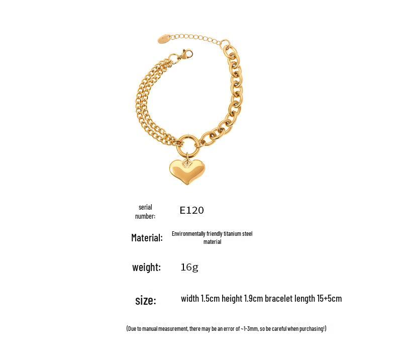 18K Gold Plated Titanium Steel Heart Bracelet with French Minimalist Cuban Chain Design