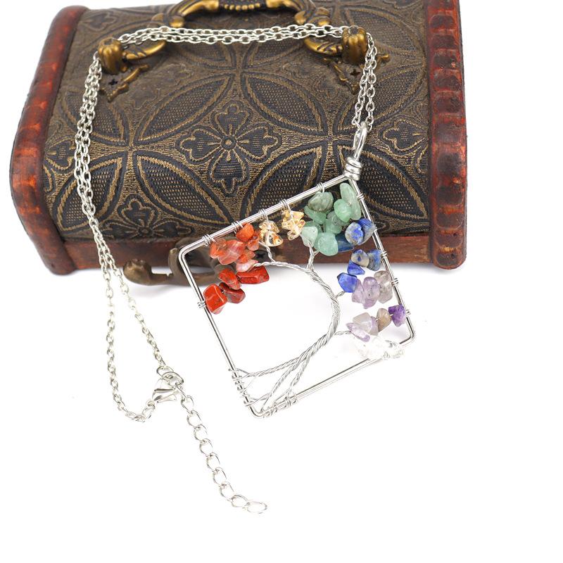 Wrapped Colorful Natural Stone Crystal Square Curved Tree Of Life Pendant Necklace N08 Fresh And Sweet