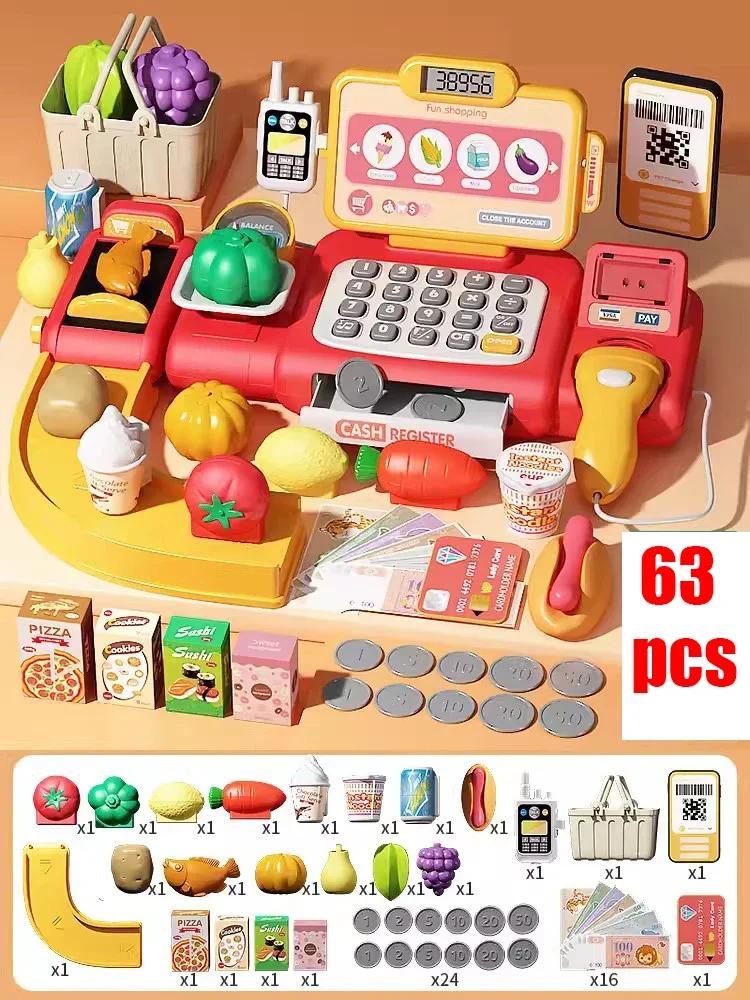 Non-Toxic 36-63Pcs Pretend Play Calculator Cash Register Toy Supermarket Shop Cashier Registers With Scanner Shopping Toys Gifts For Kids