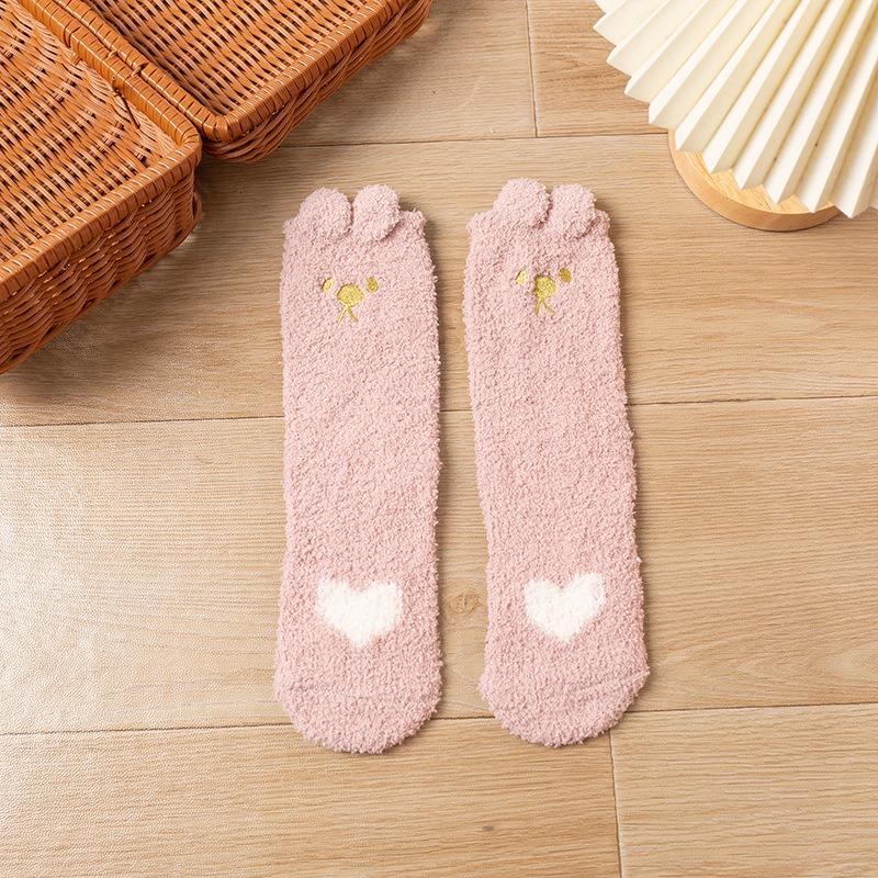 Ladies Winter Thickened Warm Coral Velvet Stereo Cat Claw Embroidered Home Sleeping Moon Socks