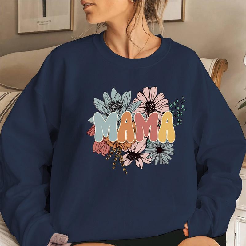Women's Autumn/Winter Floral MAMA Print Hoodie with Back Collar and Round Neck