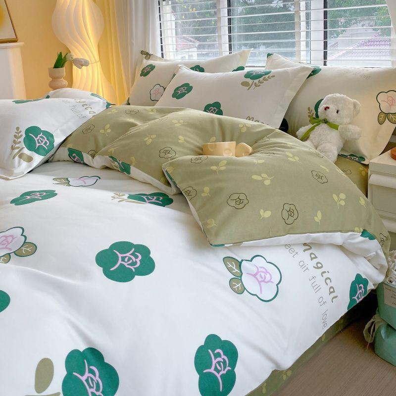 Thickened Pure Abraded Four-piece Set, Single Double Skin-friendly Twill Bed Sheet, Quilt Cover, Dormitory Three-piece Set, Bedding