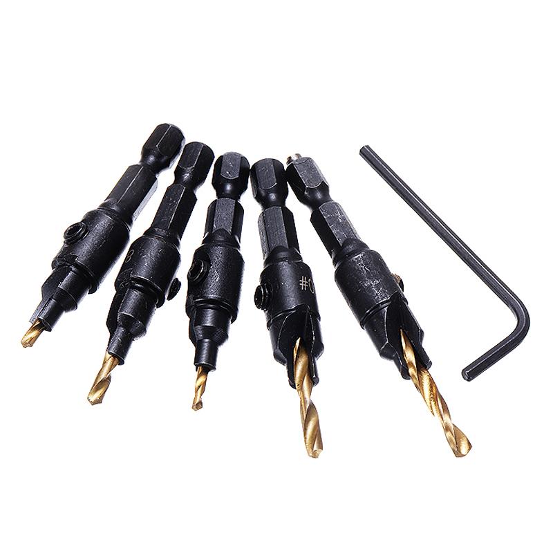5Pcs 1/4'' Hex Shank Countersink Drill Bit Set HSS Woodworking Pilot Screw Holes