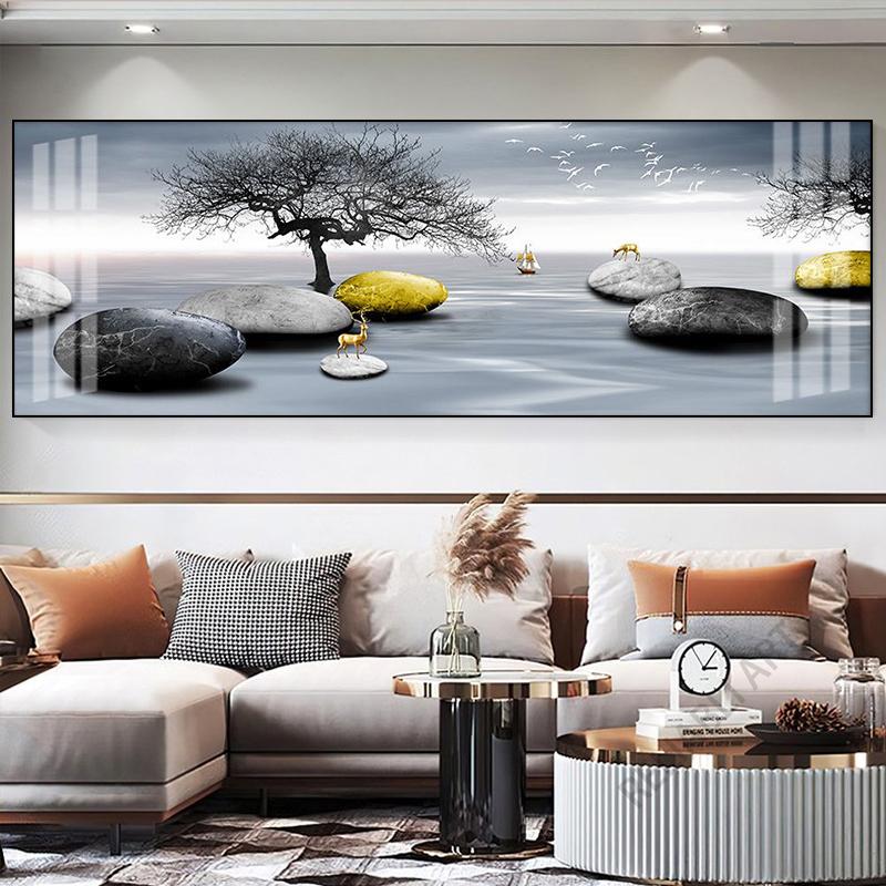 New Chinese Fengshui Golden Zen Stone Canvas Painting Wall Art Rich Tree Posters Gold Deer Prints for Living Room Home Decor