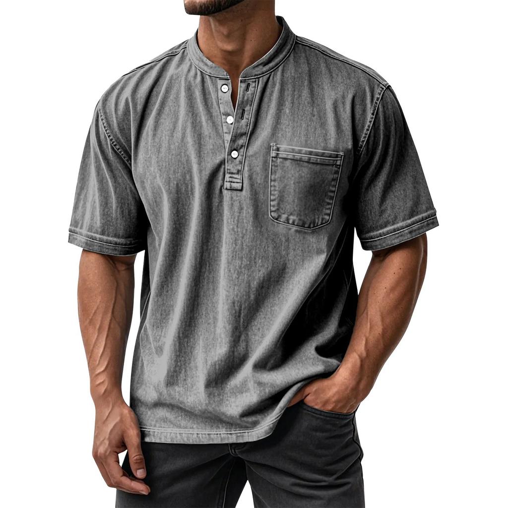 Men's Summer Round Neck Short Sleeve T-Shirt Neck Men's All-match Casual Button Shirt