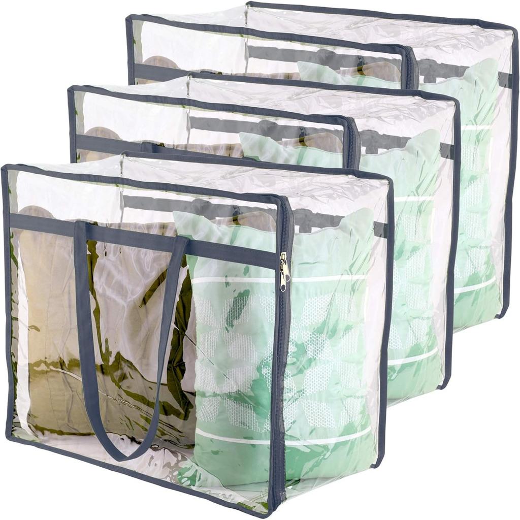 Clear Vinyl Zippered Storage Bags (3-Pack) 40L Sturdy Storage Bags for Sweaters, Blankets, Comforters, Bedding Sets and Much More