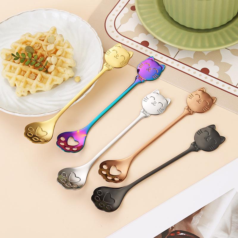 Creative Cat Stainless Steel Coffee Spoon Cute Paw Stirring Spoon Cake Ice Cream Hollow Dessert Spoon Gift