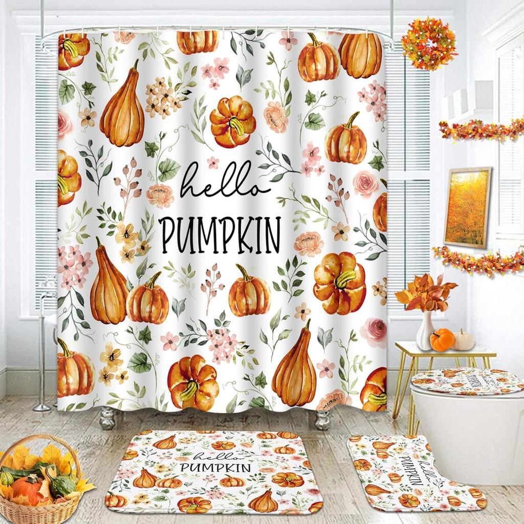 Arttown Fall Shower Curtain Set With Toilet Lid Cover And Non-Slip Rugs, Gnomes Autumn Pumpkins Teal Truck Thanksgiving Harvest