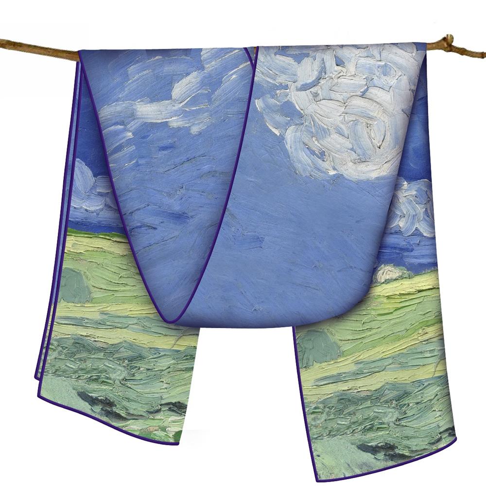 POBING Twill Silk Scarf Women Poncho Hand Rolled Luxury Oil Painting Long Scarves Wraps Bandana Big Shawl Hijabs Female Foulard