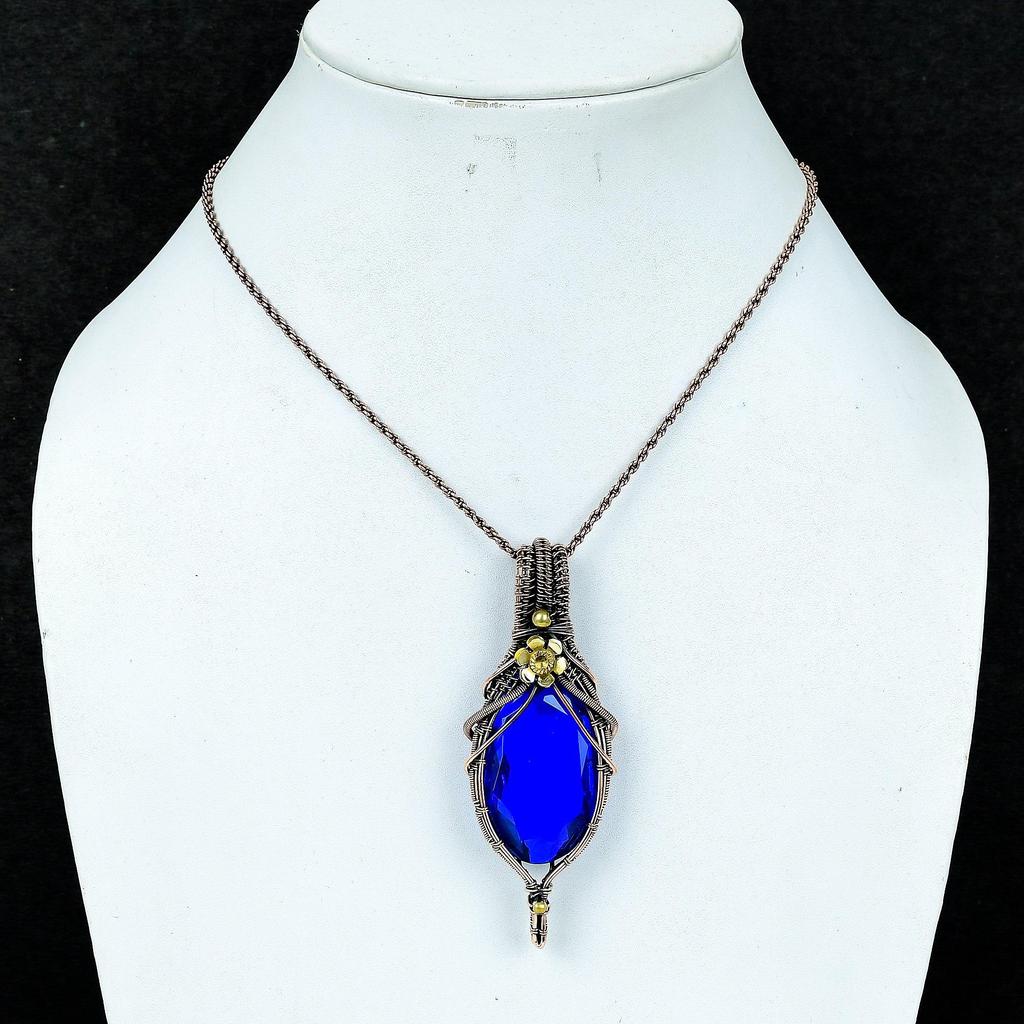 Blue Sapphire Pendant, Handmade Gemstone Pendant, 999 Copper Wire Wrapped Pendant Antique Jewelry, For Engagement Gift