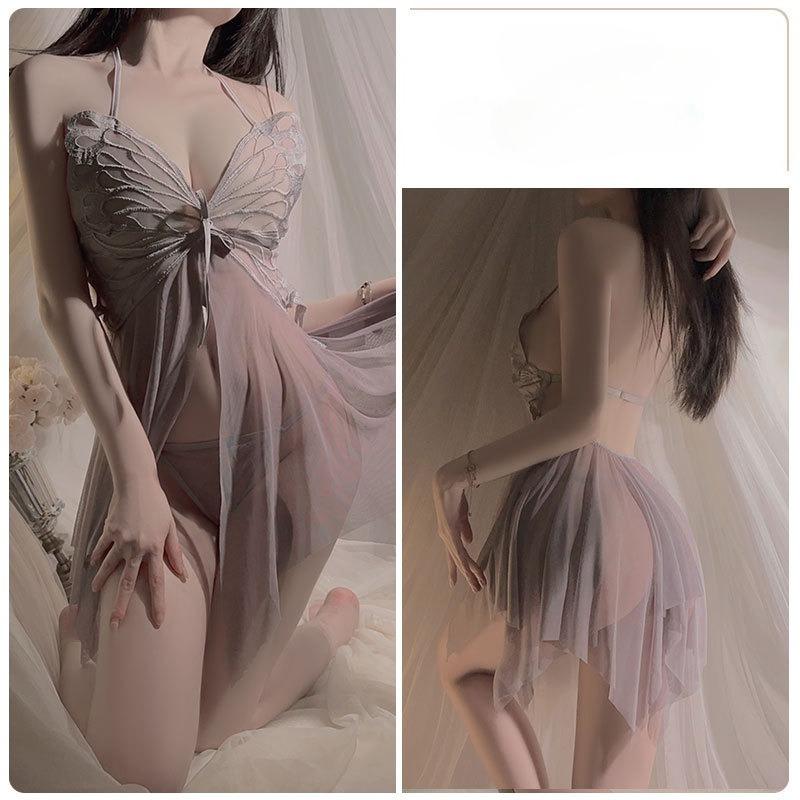 Large Size Women’s Sweet Sleep Dress with Thong Sexy Sheer Mesh Lingerie Nightdress with Butterfly Design