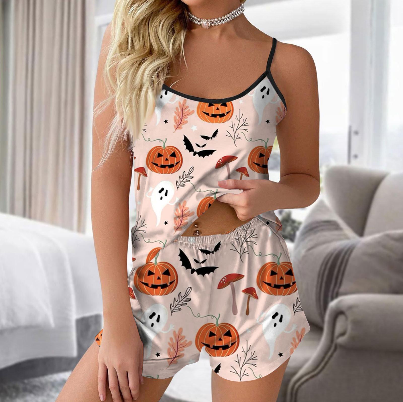 Женская мода Хэллоуин принтованный комплект без рукавов топ шорты с пижамой L белый — фото 7