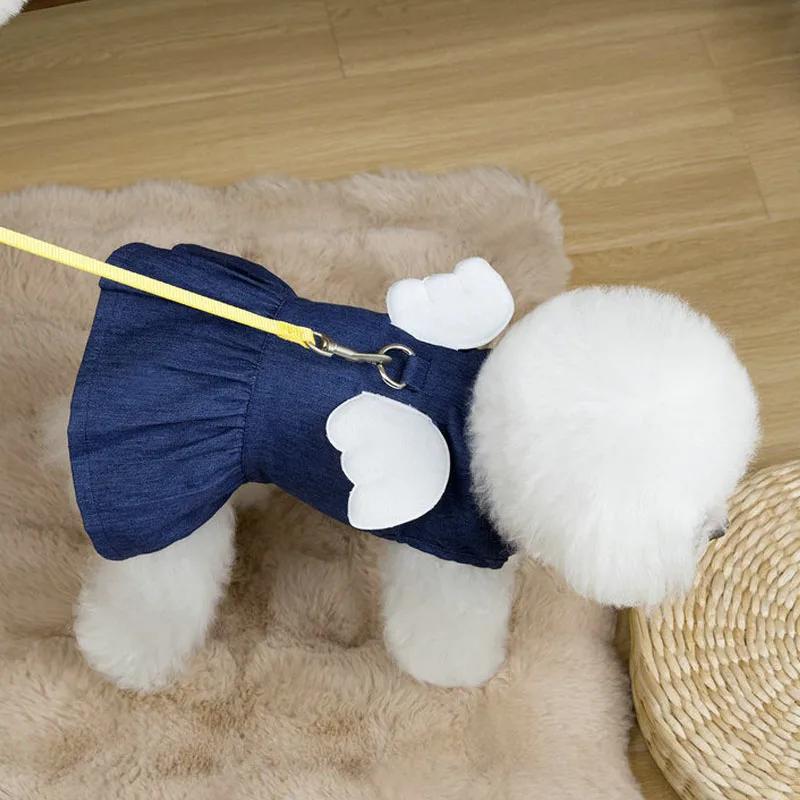 Dog Clothes Light/Deep Blue Denim Puppy Summer Clothes Wings Decor Clothing Dog Dresses Apparel Dog Harness Clothes Girls Dress