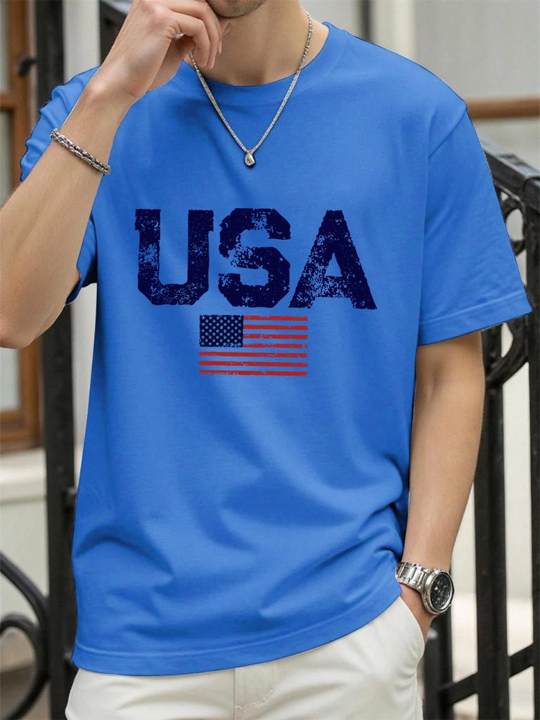 Usa Letter American Flag Prints Man TShirts Cotton T Shirt Hip Hop Summer Clothing Loose Fashion Tee Male AllMatch Streetwear