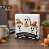 Seasonal Tabletop Ornament Halloween Wooden Napkin Holder, Ghost Pumpkin Decorative Tissue Dispenser, Festive Desktop Decoration Paper Storage