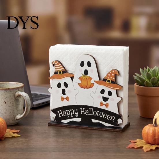 Seasonal Tabletop Ornament Halloween Wooden Napkin Holder, Ghost Pumpkin Decorative Tissue Dispenser, Festive Desktop Decoration Paper Storage