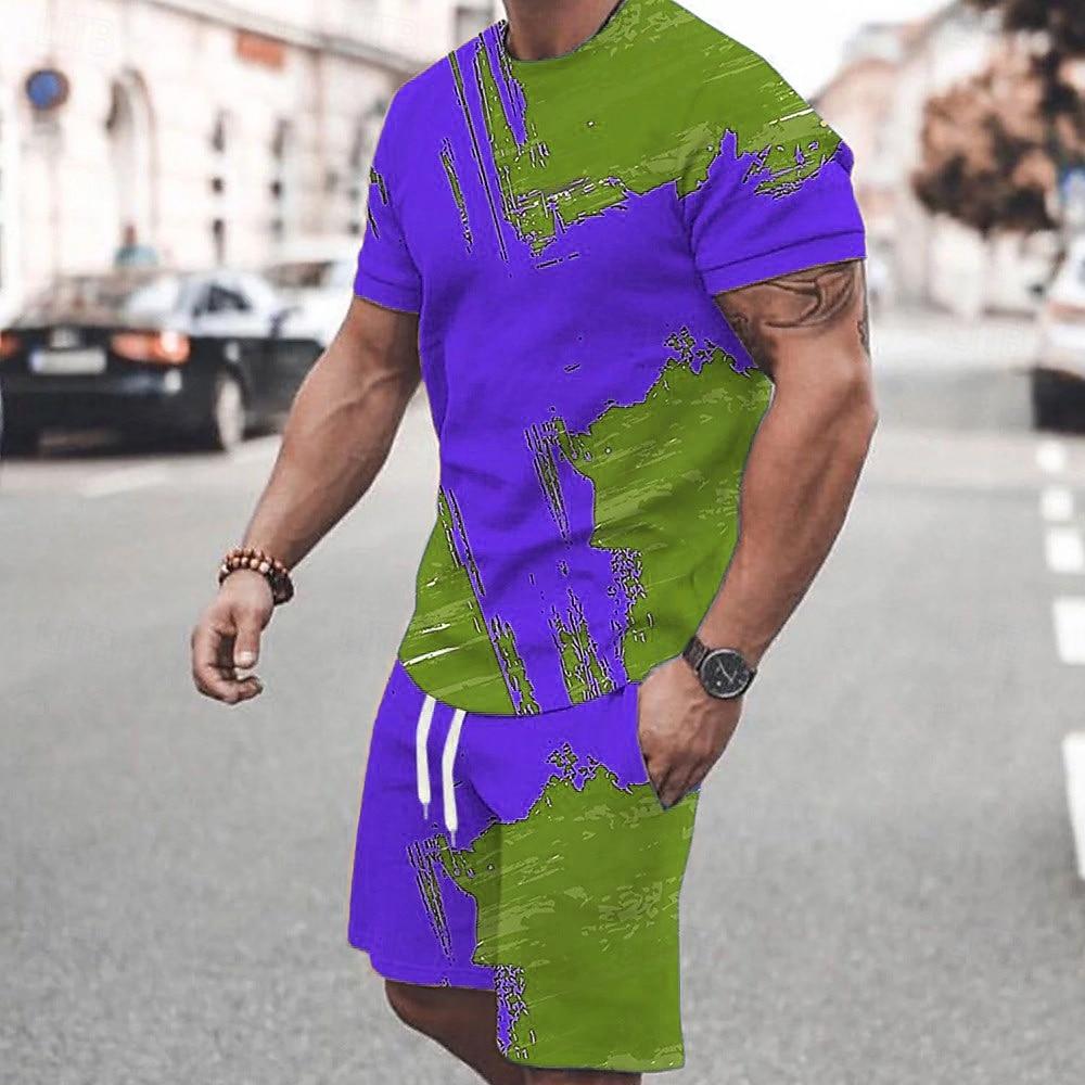 Men's Color Block Pattern 2pcs Tees sets Summer Tops Short Sleeve Short Pants Crew Neck Sport Casual Outdoor Vacation Daily Printed