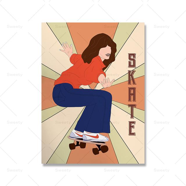 Retro 70s Home Decoration Print Rainbow Skateboard Girl Poster Flower Hippie Car Canvas Painting Bohemian Wall