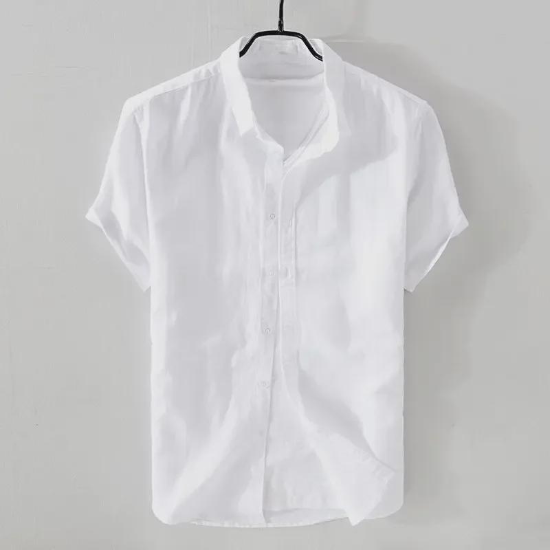 Men's Casual White Cotton-Linen Shirt: Spring/Summer Loose Short & Long-Sleeved Options