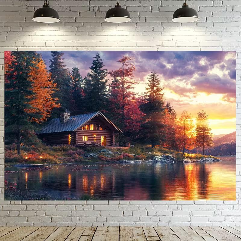 2D Flat Printing Cozy Cabin Backdrop Forest Lake Sunset Party Background