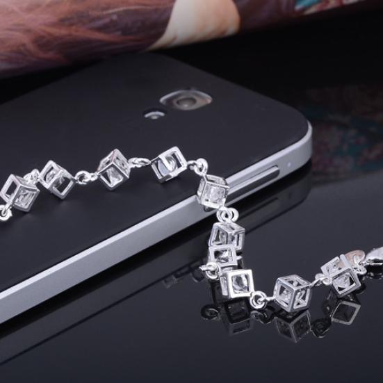 Women's Silver Plated Cube Clear Rhinestone Bracelet Engagement Party Jewelry