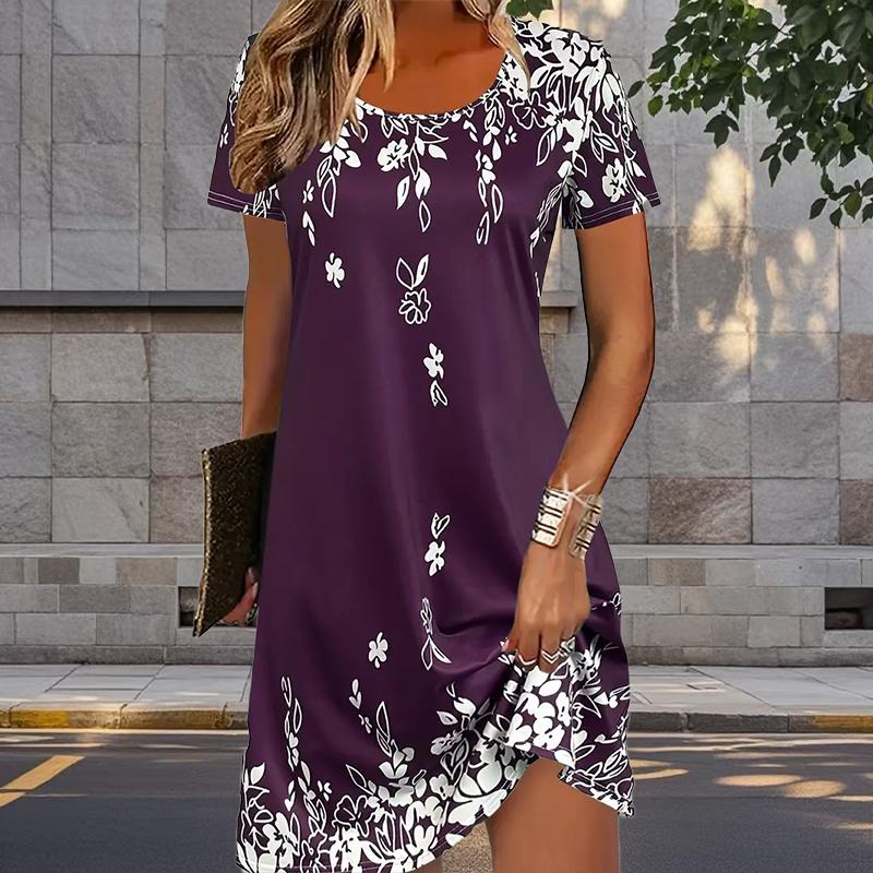 

Модное женское свободное платье-трапеция с принтом листьев и коротким рукавом с круглым вырезом и принтом листьев 5XL фиолетовый