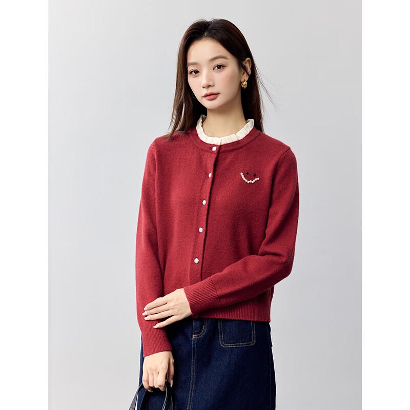 Women's Wood Ear Collar Beaded Knit Cardigan Sweater
