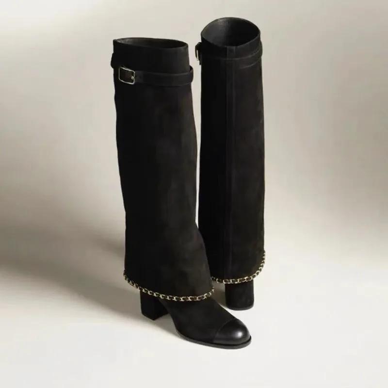 Fashion Brand New Round Toe Thick Heel Chain Belt Buckle Skirt Boots Women's Autumn Winter Fashion Runway Mixed Color Long Shoes Size 43