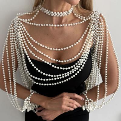 Salircon  New Sexy Bridal Tassel Imitation Pearl Shoulder Chain Necklace for Women Elegant Shawl Wedding Jewelry Accessories
