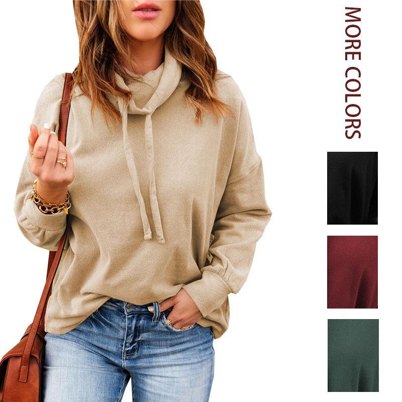 women's Loose Fit Drawstring Cowl Neck Solid Color Long Sleeve Sweatshirt Casual Pullover Hoodie Top
