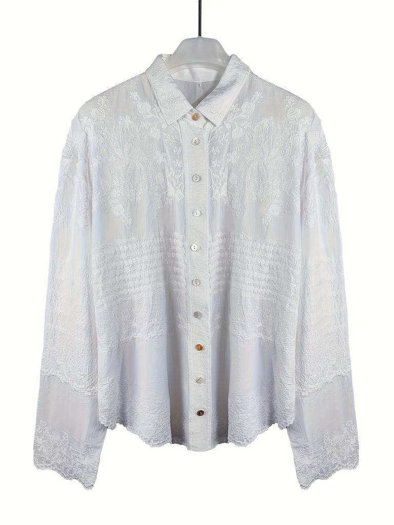Floral Pattern Button Front Blouse, Casual Long Sleeve Blouse For Spring & Fall, Women's Clothing