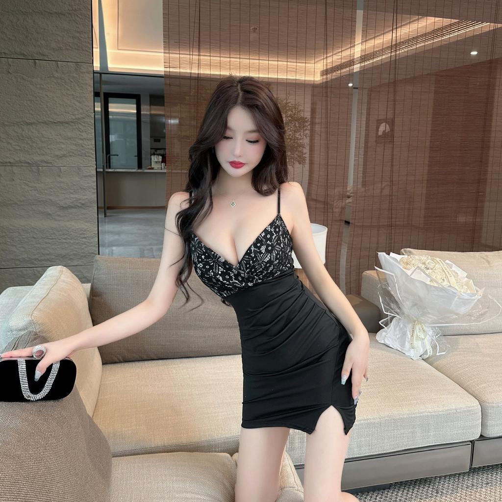 Lace Splicing Contrasting Color V-neck Low-cut Shop Working Women's Clothing Temperament Tight Hip-wrapped Suspender Base Dress