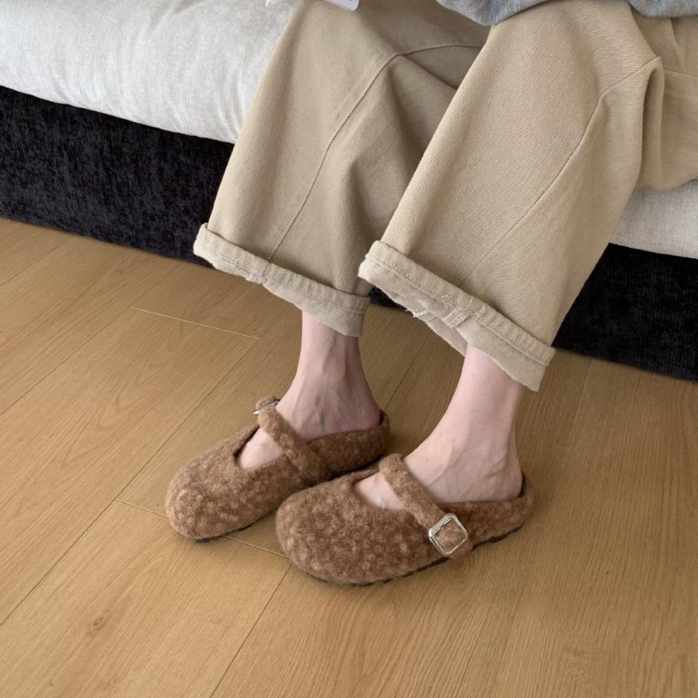Fashion Women Lambswool Slippers Winter Sheep Fur Shoes Ladies Flat Cotton Slides Home Pantuflas Daily Slip on Furry Mules