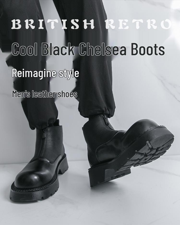 Men's Plus Size Thick-Soled High-Top Leather Boots, Pointed Toe, Zipper, 2025 Autumn/Winter Collection.