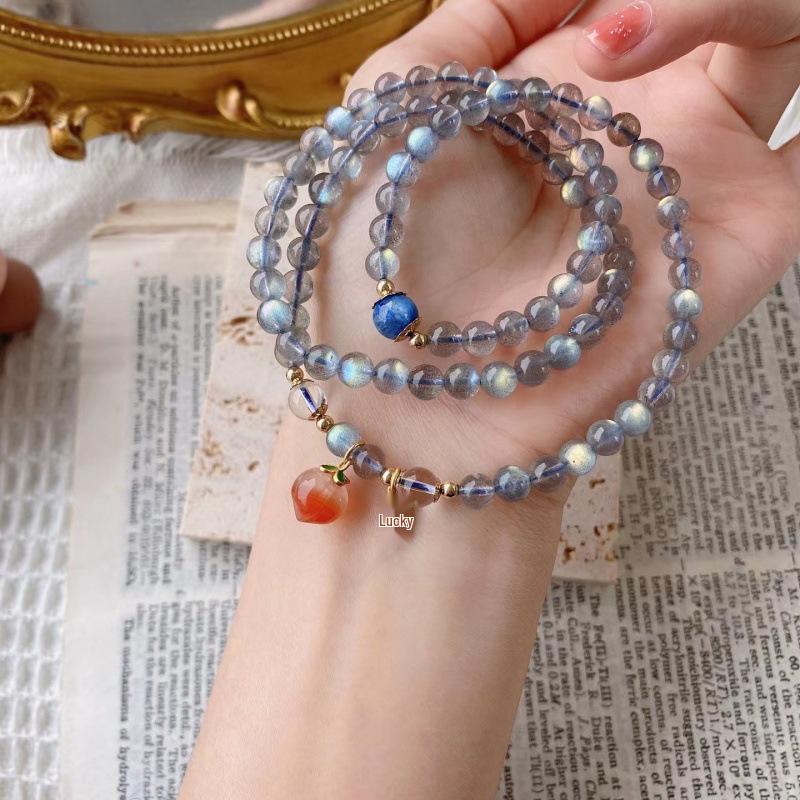 Natural Gray Moonstone Labradorite Aquamarine Triple Beaded Bracelet Necklace for Women - High Shine