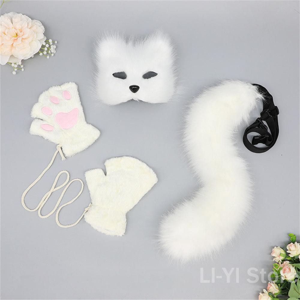 Cute Plush Fingerless Gloves Animal Faux Fur Fox Tail Mask Set Cosplay Accessories Plush Mask Fox Tail Gloves Cosplay Party