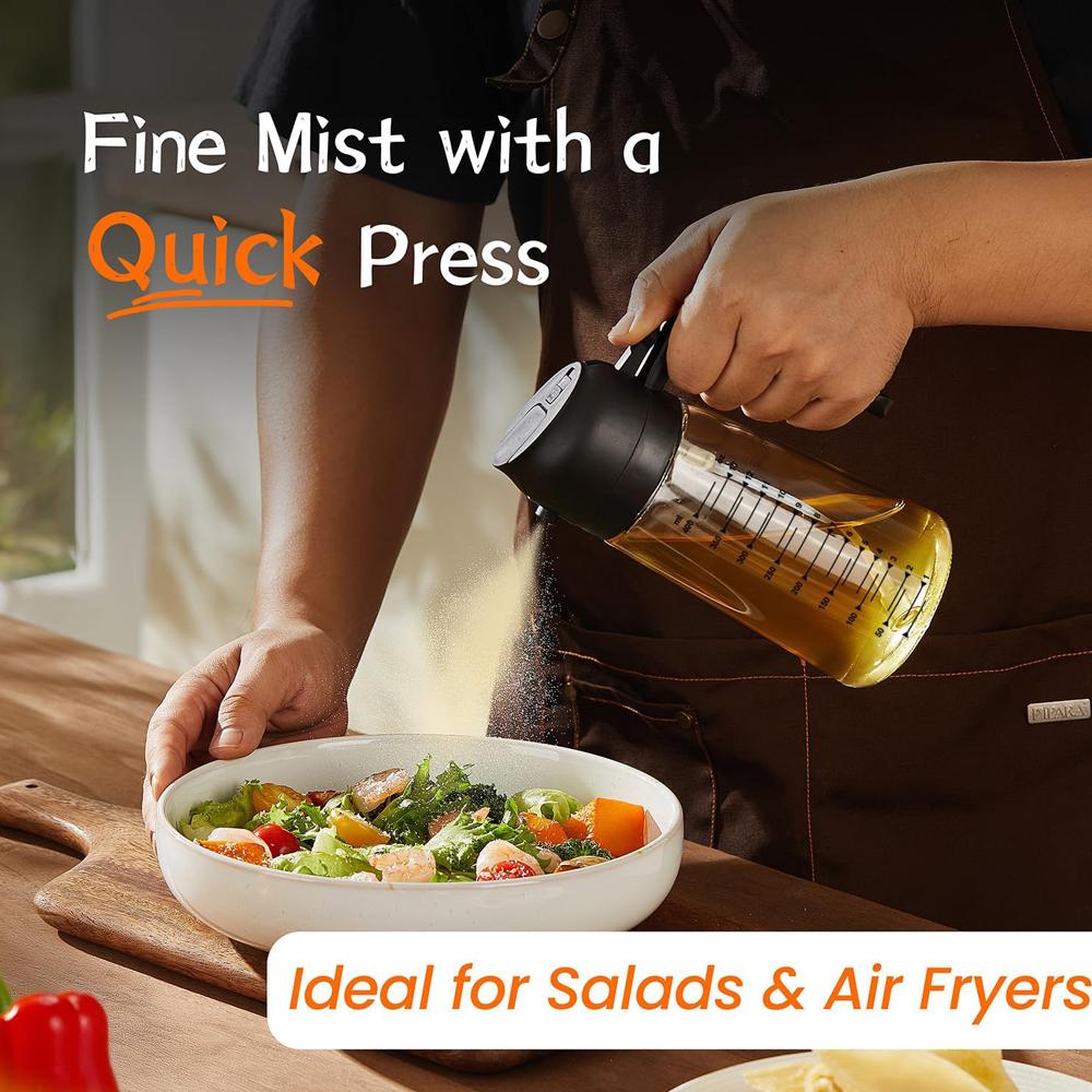 470ml Glass Olive Oil Sprayer for Cooking – 2 in 1 Olive Oil Dispenser Bottle for Kitchen Gadgets and Air Fryer Accessories