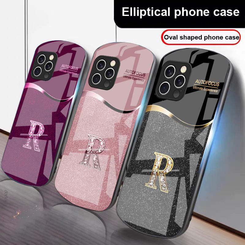 Two Tone Gradient R Letter For IPhone 16 Pro Max 15 Pro 14 13 12 Mini 11 XS Max XR 7 8 Plu SE 2022 Elliptical Glass Phone Case
