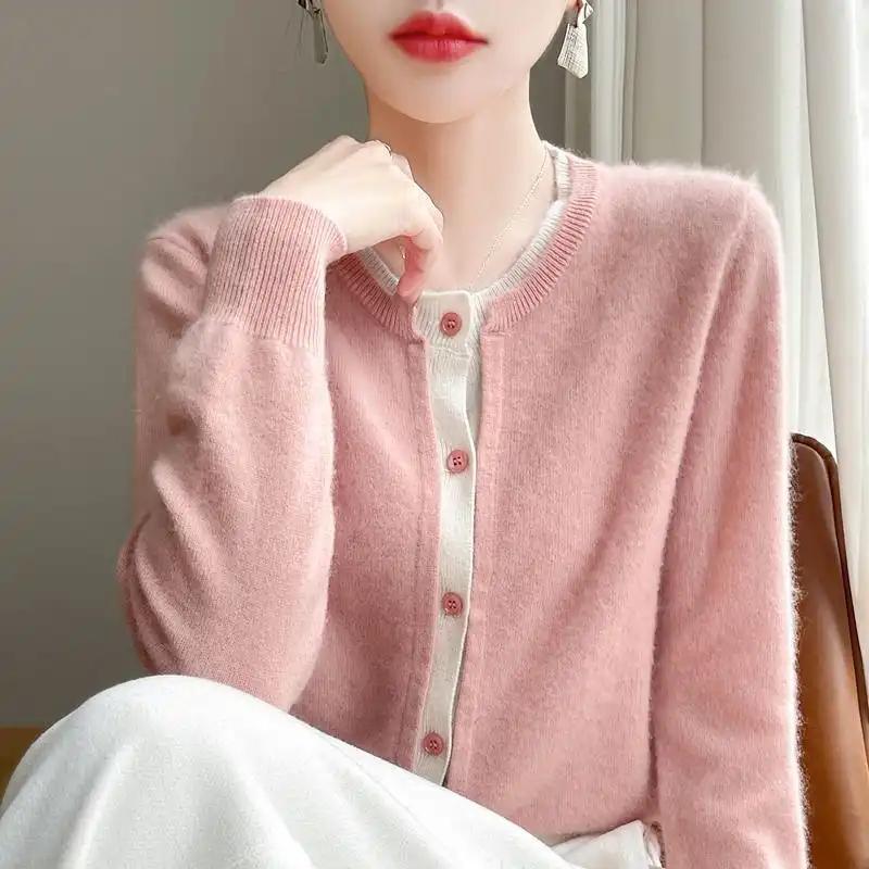 Women's New Autumn Winter Fake Two Piece Wool Cardigan Color Block Crew Neck Loose Sweet Layering Sweater Coat