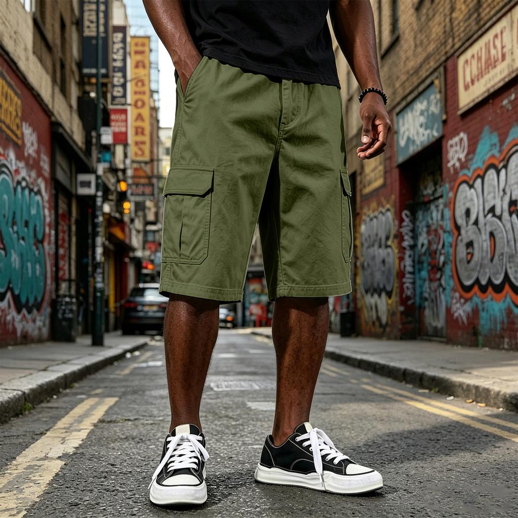 Men Drawstring Waist Relaxed Fit Cargo Shorts Multiple Pocket Casual Knee Length Shorts for Outdoor and Daily Wear