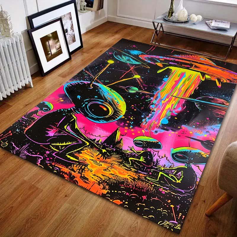 1PC Aliens and UFO Printed Carpet for Bedroom Living Room Bedside Sofa Floor Mat Modern Home Decor Area Rug Machine Wash