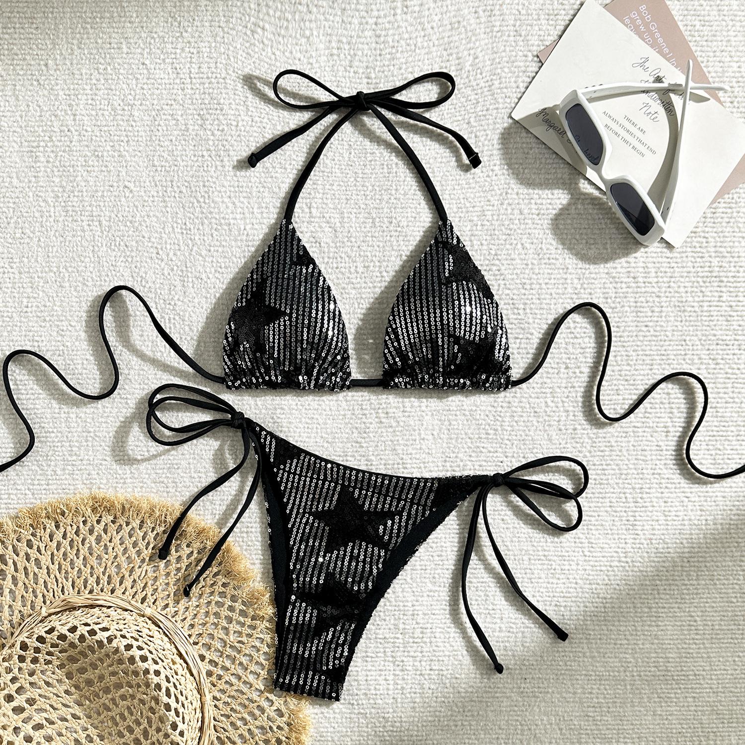 European and American sexy stars sequined split swimsuit bikini bikini S чёрный