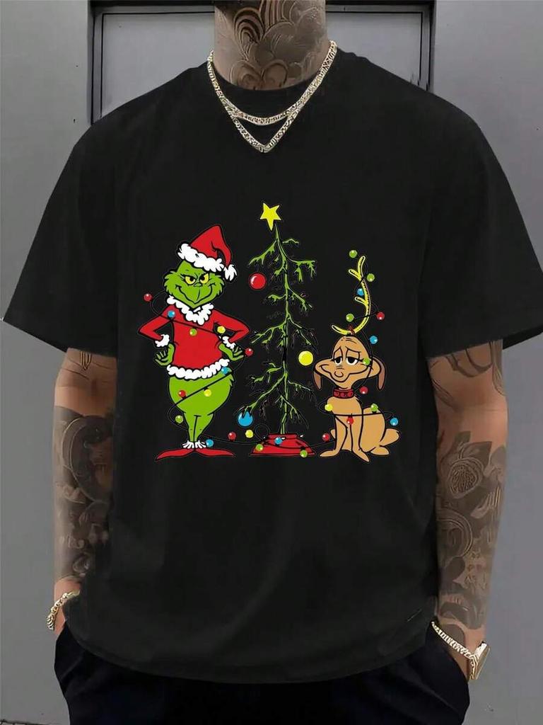 Frohe Weihnachten! Unisex Freizeit-T-Shirt mit kurzen Ärmeln und Grinch- und Hunde-Design.