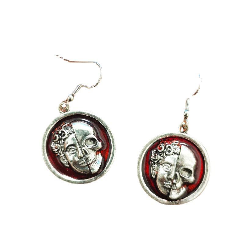 European Gothic Punk Half-Face Skull Earrings with Red Drip Oil